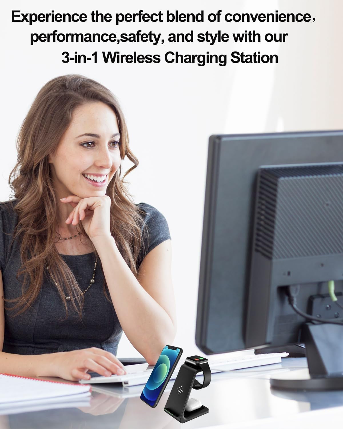 Wireless Charger Stand Dock 3 in 1 Fast Qi Wireless Charging Station for Multiple Devices Apple Watch Ultra/8/7/6/Se/5/4/3/2,Airpods Pro 2,Iphone 15/15 Plus/15 Pro Max/14/13/12/11/X/Pixel 7/Pixel 6