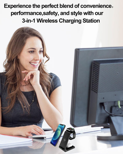 Wireless Charger Stand Dock 3 in 1 Fast Qi Wireless Charging Station for Multiple Devices Apple Watch Ultra/8/7/6/Se/5/4/3/2,Airpods Pro 2,Iphone 15/15 Plus/15 Pro Max/14/13/12/11/X/Pixel 7/Pixel 6