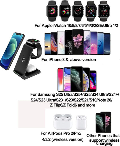 Wireless Charger Stand Dock 3 in 1 Fast Qi Wireless Charging Station for Multiple Devices Apple Watch Ultra/8/7/6/Se/5/4/3/2,Airpods Pro 2,Iphone 15/15 Plus/15 Pro Max/14/13/12/11/X/Pixel 7/Pixel 6